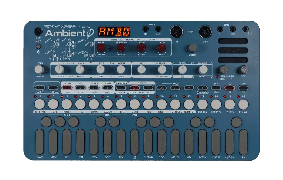 Dark blue Ambient synthesizer by the japanese company Sonicware.